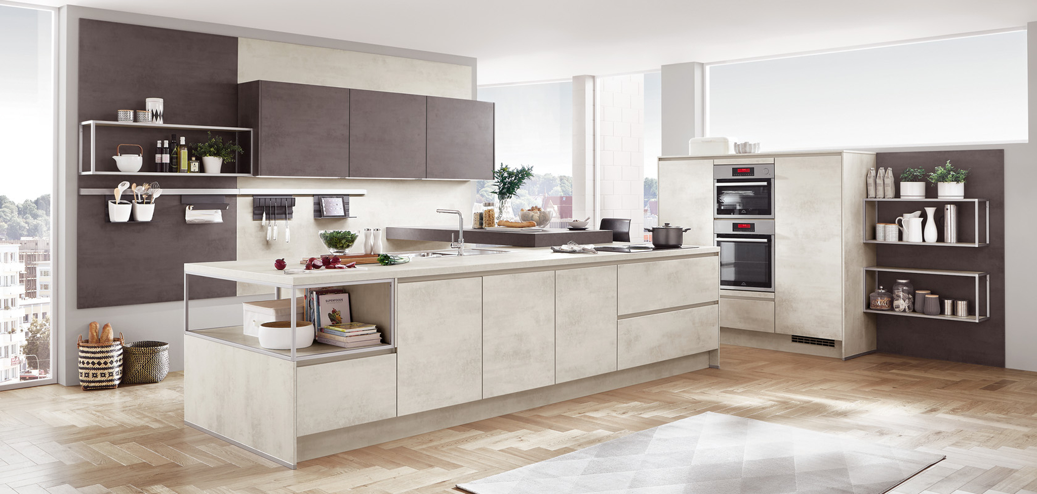 Modern kitchen with a concrete-look island, wood flooring, and open shelving. Large windows offer city views.