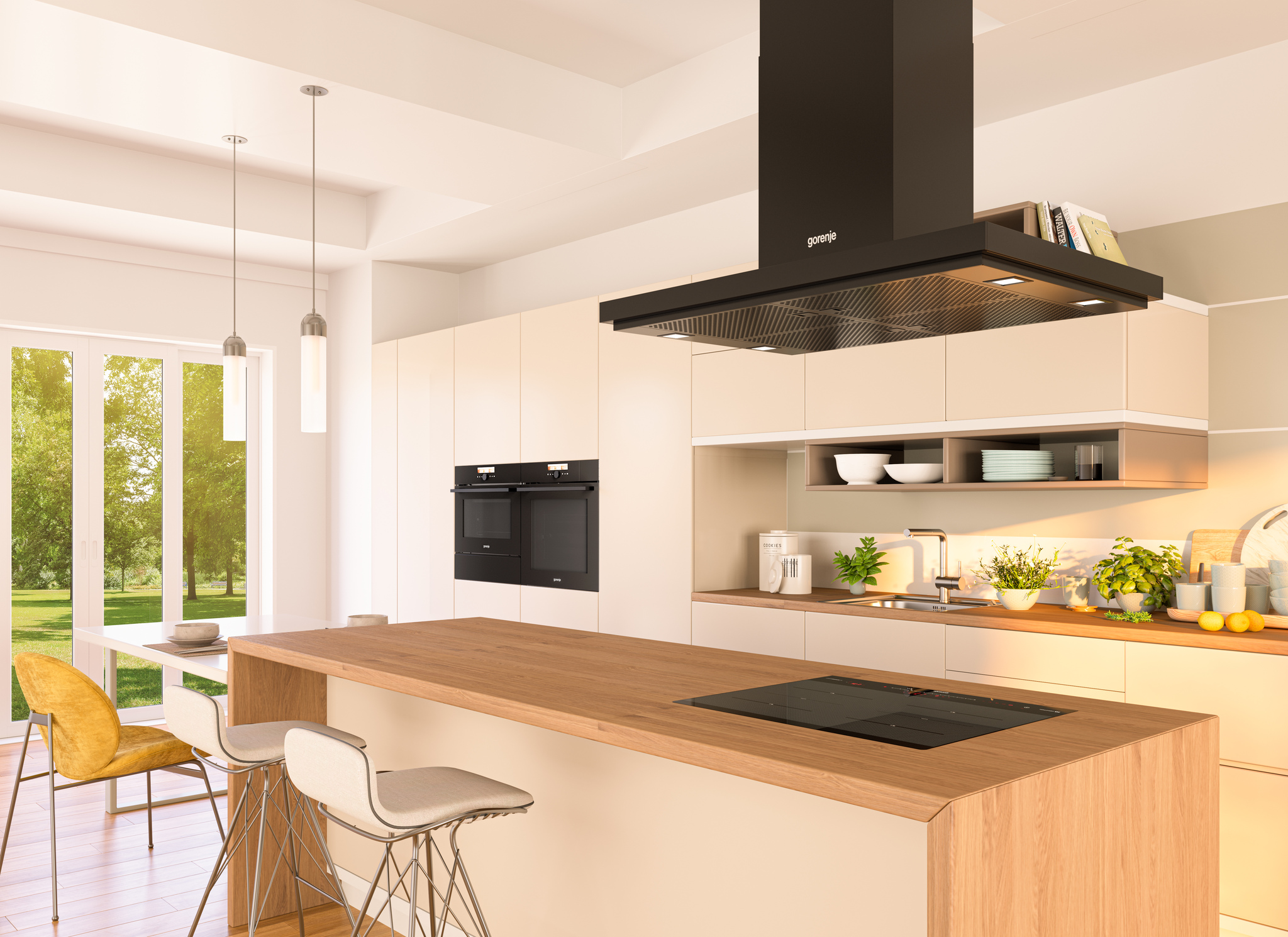 Modern light-colored kitchen with a black Gorenje range hood, wood countertops, and a view through French doors.