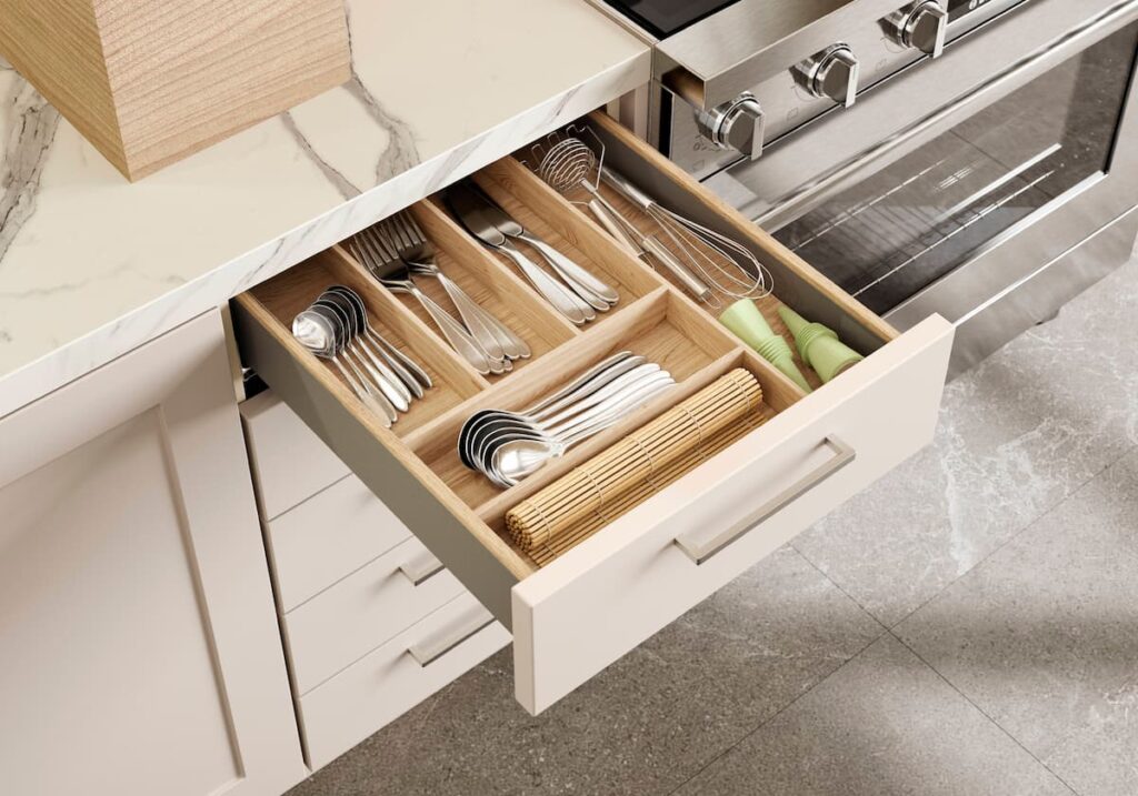 Open drawer with wooden cutlery organizers and dividers, highlighting the German engineering found inside our country kitchens.
