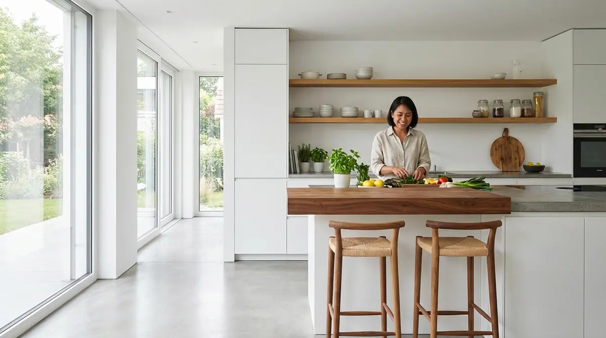 High-end editorial photography, beautiful modern German-style white kitchen showcasing organic wood textures. Features matte white cabinetry beautifully contrasted with natural oak wall shelving, a rich walnut chopping block, and elegant wooden bar stools at the island. A stylish Thai homeowner is cheerfully arranging fresh ingredients on the counter. Warm natural light streaming through large windows, creating an inviting and premium feel. Focus: A wide-angle, hyper-realistic photograph capturing a high-end German kitchen, strictly adhering to nobilia's signature photography aesthetic. Ratio: wide angle. Lighting: Diffuse natural daylight, soft, even, bright. Camera: Wide-angle lens (16-24mm), full-frame DSLR, crisp focus. Composition: Rule of thirds, strong geometric lines, spacious. NO text, logos, or branding on any surfaces, appliances, or products. NO floating, exploded or disassembled elements. All kitchen components must be fully assembled and grounded.