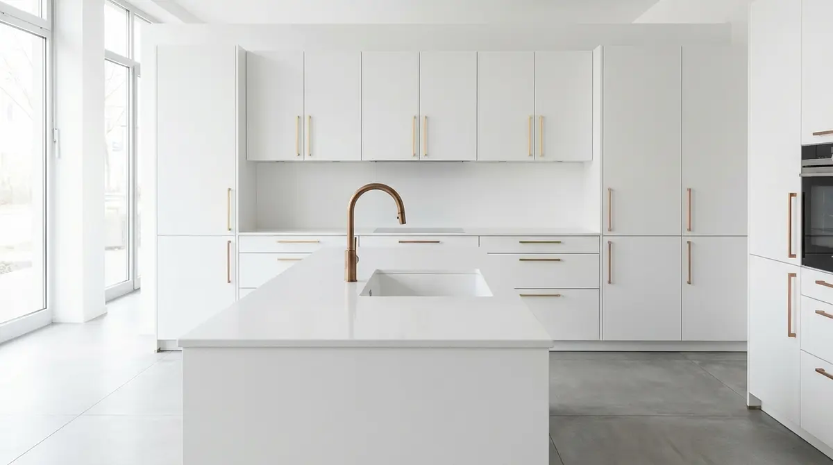 High-end editorial photography, beautiful modern German-style white kitchen showcasing organic wood textures. Features matte white cabinetry beautifully contrasted with natural oak wall shelving, a rich walnut chopping block, and elegant wooden bar stools at the island. A stylish Thai homeowner is cheerfully arranging fresh ingredients on the counter. Warm natural light streaming through large windows, creating an inviting and premium feel. Focus: A wide-angle, hyper-realistic photograph capturing a high-end German kitchen, strictly adhering to nobilia's signature photography aesthetic. Ratio: wide angle. Lighting: Diffuse natural daylight, soft, even, bright. Camera: Wide-angle lens (16-24mm), full-frame DSLR, crisp focus. Composition: Rule of thirds, strong geometric lines, spacious. NO text, logos, or branding on any surfaces, appliances, or products. NO floating, exploded or disassembled elements. All kitchen components must be fully assembled and grounded.