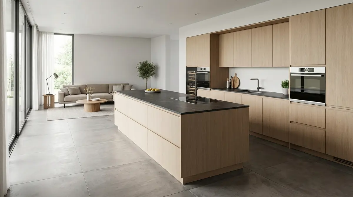 Premium 3D architectural kitchen render, straight-on view showcasing an expertly planned open-concept layout. Features a large, perfectly scaled central island anchoring the space, seamless transitions to a living area, flat-panel cabinets, and natural wood textures blended with stone countertops. Clean daylight lighting, high-end showroom feel, aspirational architectural visualization. Focus: A wide-angle, hyper-realistic photograph capturing a high-end German kitchen, strictly adhering to nobilia's signature photography aesthetic. Ratio: wide angle. Lighting: Diffuse natural daylight, soft, even, bright. Camera: Wide-angle lens (16-24mm), full-frame DSLR, crisp focus. Composition: Rule of thirds, strong geometric lines, spacious. NO text, logos, or branding on any surfaces, appliances, or products. NO floating, exploded or disassembled elements. All kitchen components must be fully assembled and grounded.