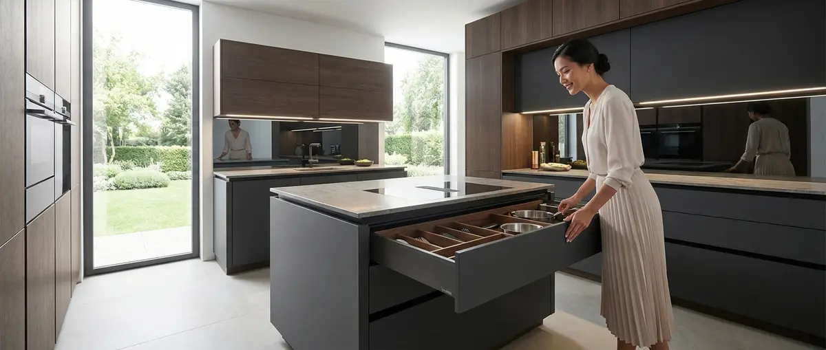High-end editorial photography, an elegant and smiling Thai female homeowner gently opening a sleek, soft-close deep drawer in a luxurious modern German-style kitchen. The kitchen features integrated under-cabinet lighting, premium scratch-resistant surfaces, and a beautifully organized interior layout. Warm natural daylight streaming through large windows, creating a welcoming and sophisticated atmosphere. Focus: A wide-angle, hyper-realistic photograph capturing a high-end German kitchen, strictly adhering to nobilia's signature photography aesthetic. Ratio: wide angle. Lighting: Diffuse natural daylight, soft, even, bright. Camera: Wide-angle lens (16-24mm), full-frame DSLR, crisp focus. Composition: Rule of thirds, strong geometric lines, spacious. NO text, logos, or branding on any surfaces, appliances, or products. NO floating, exploded or disassembled elements. All kitchen components must be fully assembled and grounded.