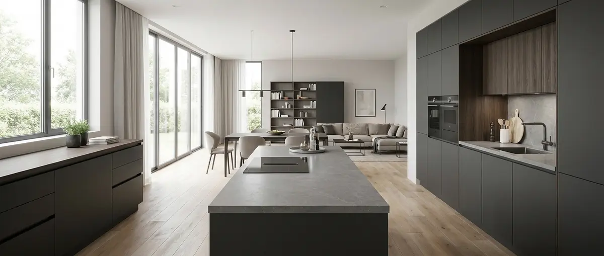 Premium 3D kitchen render, straight-on architectural view of a beautiful, fully assembled open-plan luxury German kitchen seamlessly connecting to a living area, showcasing a logical floor plan, high-end materials, bright showroom lighting. Focus: A wide-angle, hyper-realistic photograph capturing a high-end German kitchen, strictly adhering to nobilia's signature photography aesthetic. Ratio: wide angle. Lighting: Diffuse natural daylight, soft, even, bright. Camera: Wide-angle lens (16-24mm), full-frame DSLR, crisp focus. Composition: Rule of thirds, strong geometric lines, spacious. NO text, logos, or branding on any surfaces, appliances, or products. NO floating, exploded or disassembled elements. All kitchen components must be fully assembled and grounded.