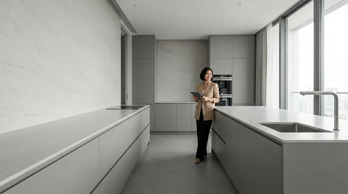 High-end editorial photography of a completed luxury kitchen in Bangkok. The design features continuous, seamless solid surfaces, with a stunning large porcelain slab countertop extending perfectly up the wall as a seamlessly integrated backsplash. Warm, bright daylight floods the room, creating a calm and uninterrupted visual flow. An elegant Thai interior designer is reviewing the finished space, smiling with satisfaction. Focus: A wide-angle, hyper-realistic photograph capturing a high-end German kitchen, strictly adhering to nobilia's signature photography aesthetic. Ratio: wide angle. Lighting: Diffuse natural daylight, soft, even, bright. Camera: Wide-angle lens (16-24mm), full-frame DSLR, crisp focus. Composition: Rule of thirds, strong geometric lines, spacious. NO text, logos, or branding on any surfaces, appliances, or products. NO floating, exploded or disassembled elements. All kitchen components must be fully assembled and grounded.