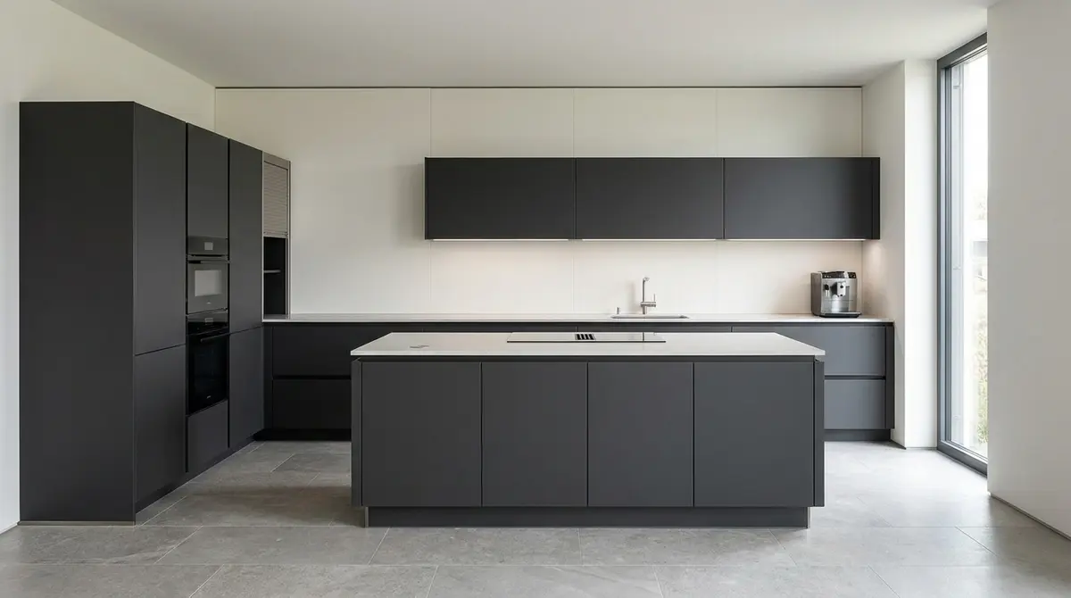 High-end editorial photography of a completed luxury kitchen in Bangkok. The design features continuous, seamless solid surfaces, with a stunning large porcelain slab countertop extending perfectly up the wall as a seamlessly integrated backsplash. Warm, bright daylight floods the room, creating a calm and uninterrupted visual flow. An elegant Thai interior designer is reviewing the finished space, smiling with satisfaction. Focus: A wide-angle, hyper-realistic photograph capturing a high-end German kitchen, strictly adhering to nobilia's signature photography aesthetic. Ratio: wide angle. Lighting: Diffuse natural daylight, soft, even, bright. Camera: Wide-angle lens (16-24mm), full-frame DSLR, crisp focus. Composition: Rule of thirds, strong geometric lines, spacious. NO text, logos, or branding on any surfaces, appliances, or products. NO floating, exploded or disassembled elements. All kitchen components must be fully assembled and grounded.