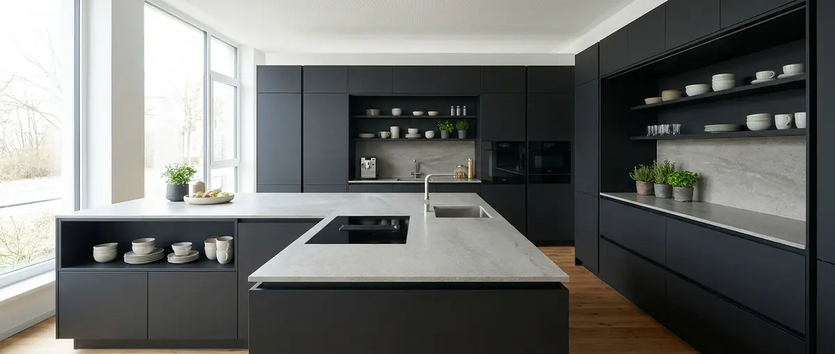 Premium 3D kitchen architectural render, straight-on view of a highly functional luxury kitchen layout. Seamlessly integrated matte cabinets and a spacious central island demonstrating optimal spatial flow and ergonomic design planning. Bright Showroom Lighting. Focus: A wide-angle, hyper-realistic photograph capturing a high-end German kitchen, strictly adhering to nobilia's signature photography aesthetic. Ratio: wide angle. Lighting: Diffuse natural daylight, soft, even, bright. Camera: Wide-angle lens (16-24mm), full-frame DSLR, crisp focus. Composition: Rule of thirds, strong geometric lines, spacious. NO text, logos, or branding on any surfaces, appliances, or products. NO floating, exploded or disassembled elements. All kitchen components must be fully assembled and grounded.