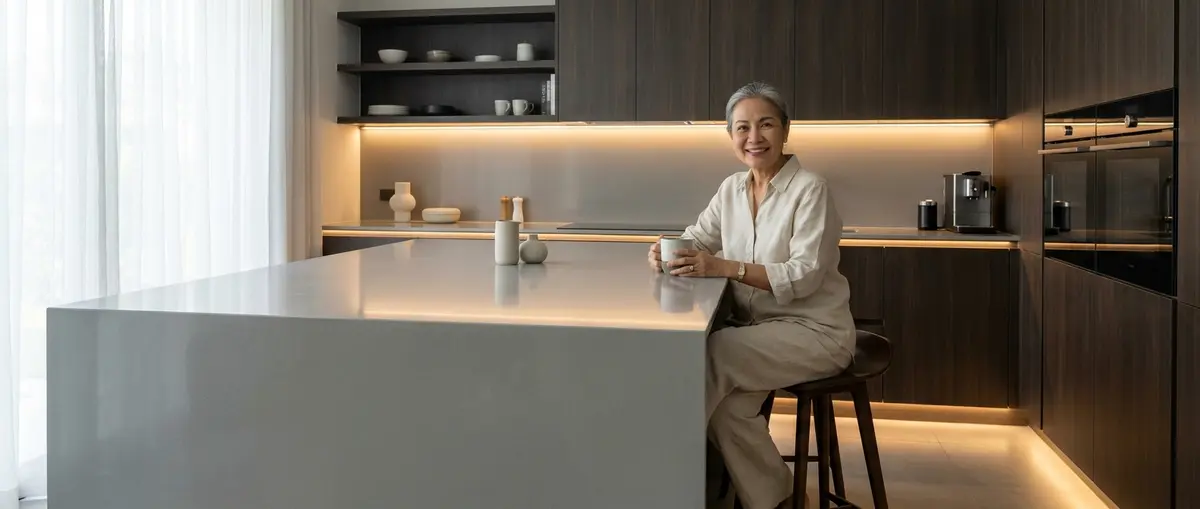 Premium 3D kitchen architectural render, straight-on view of a highly functional luxury kitchen layout. Seamlessly integrated matte cabinets and a spacious central island demonstrating optimal spatial flow and ergonomic design planning. Bright Showroom Lighting. Focus: A wide-angle, hyper-realistic photograph capturing a high-end German kitchen, strictly adhering to nobilia's signature photography aesthetic. Ratio: wide angle. Lighting: Diffuse natural daylight, soft, even, bright. Camera: Wide-angle lens (16-24mm), full-frame DSLR, crisp focus. Composition: Rule of thirds, strong geometric lines, spacious. NO text, logos, or branding on any surfaces, appliances, or products. NO floating, exploded or disassembled elements. All kitchen components must be fully assembled and grounded.
