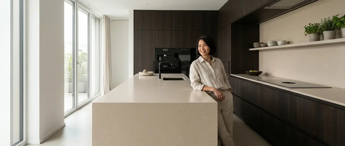 High-end editorial photography. A beautifully finished luxury German-style kitchen featuring a seamless, continuous engineered quartz countertop and backsplash. An elegant Thai homeowner stands comfortably at the island, enjoying a peaceful, uncluttered environment. Warm daylight pouring in, highlighting the pristine and calm space. Focus: A wide-angle, hyper-realistic photograph capturing a high-end German kitchen, strictly adhering to nobilia's signature photography aesthetic. Ratio: wide angle. Lighting: Diffuse natural daylight, soft, even, bright. Camera: Wide-angle lens (16-24mm), full-frame DSLR, crisp focus. Composition: Rule of thirds, strong geometric lines, spacious. NO text, logos, or branding on any surfaces, appliances, or products. NO floating, exploded or disassembled elements. All kitchen components must be fully assembled and grounded.