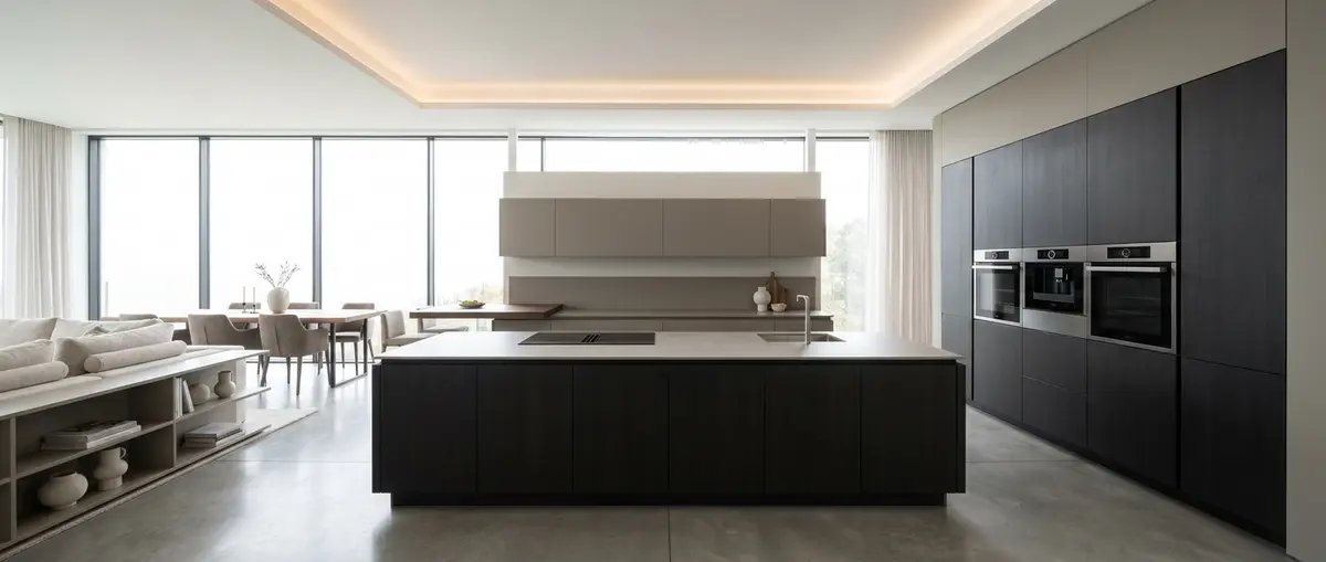 Premium 3D architectural render of a meticulously planned open-concept kitchen layout, straight-on view showcasing the seamless structural flow between cooking and living areas. Bright Showroom Lighting highlighting the pristine spatial design. Focus: A wide-angle, hyper-realistic photograph capturing a high-end German kitchen, strictly adhering to nobilia's signature photography aesthetic. Ratio: wide angle. Lighting: Diffuse natural daylight, soft, even, bright. Camera: Wide-angle lens (16-24mm), full-frame DSLR, crisp focus. Composition: Rule of thirds, strong geometric lines, spacious. NO text, logos, or branding on any surfaces, appliances, or products. NO floating, exploded or disassembled elements. All kitchen components must be fully assembled and grounded.