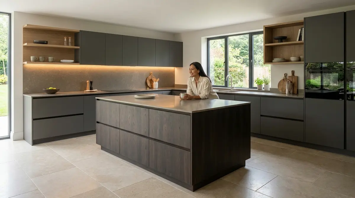 Premium 3D architectural render of a meticulously planned open-concept kitchen layout, straight-on view showcasing the seamless structural flow between cooking and living areas. Bright Showroom Lighting highlighting the pristine spatial design. Focus: A wide-angle, hyper-realistic photograph capturing a high-end German kitchen, strictly adhering to nobilia's signature photography aesthetic. Ratio: wide angle. Lighting: Diffuse natural daylight, soft, even, bright. Camera: Wide-angle lens (16-24mm), full-frame DSLR, crisp focus. Composition: Rule of thirds, strong geometric lines, spacious. NO text, logos, or branding on any surfaces, appliances, or products. NO floating, exploded or disassembled elements. All kitchen components must be fully assembled and grounded.