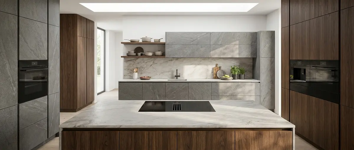 High-end editorial photography of a beautiful, completed German-style kitchen in a luxury Bangkok home. The open floor plan features a spacious central island that connects seamlessly to a bright living area, creating an inviting space for family gathering. Soft, warm natural daylight highlights the elegant built-in cabinetry and calm, minimalist atmosphere. Focus: A wide-angle, hyper-realistic photograph capturing a high-end German kitchen, strictly adhering to nobilia's signature photography aesthetic. Ratio: wide angle. Lighting: Diffuse natural daylight, soft, even, bright. Camera: Wide-angle lens (16-24mm), full-frame DSLR, crisp focus. Composition: Rule of thirds, strong geometric lines, spacious. NO text, logos, or branding on any surfaces, appliances, or products. NO floating, exploded or disassembled elements. All kitchen components must be fully assembled and grounded.