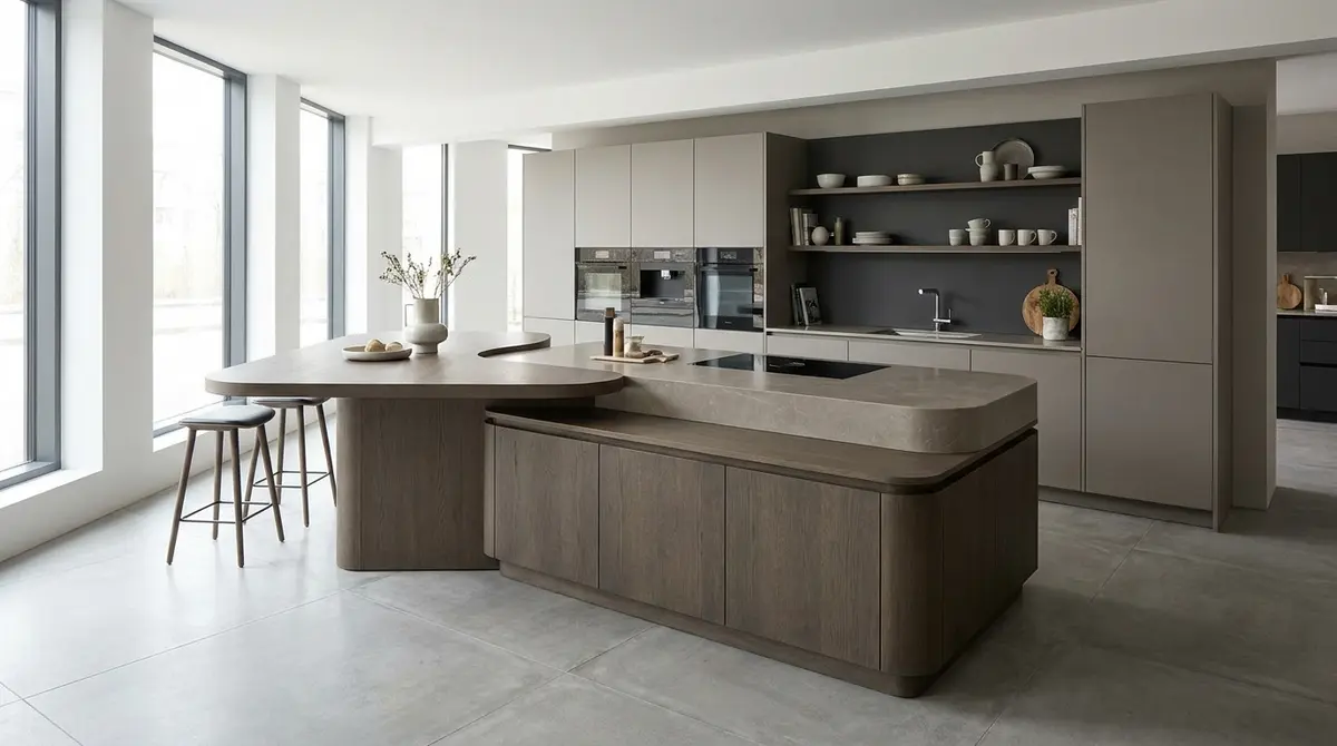 Premium 3D kitchen render, straight-on view showcasing an innovative layout with a multi-level central island. The island features softened, curved edges, with one lowered section for casual dining and a slightly raised zone for food preparation. High-end, aspirational interior design, finished in matte luxury materials. Bright Showroom Lighting. Focus: A wide-angle, hyper-realistic photograph capturing a high-end German kitchen, strictly adhering to nobilia's signature photography aesthetic. Ratio: wide angle. Lighting: Diffuse natural daylight, soft, even, bright. Camera: Wide-angle lens (16-24mm), full-frame DSLR, crisp focus. Composition: Rule of thirds, strong geometric lines, spacious. NO text, logos, or branding on any surfaces, appliances, or products. NO floating, exploded or disassembled elements. All kitchen components must be fully assembled and grounded.