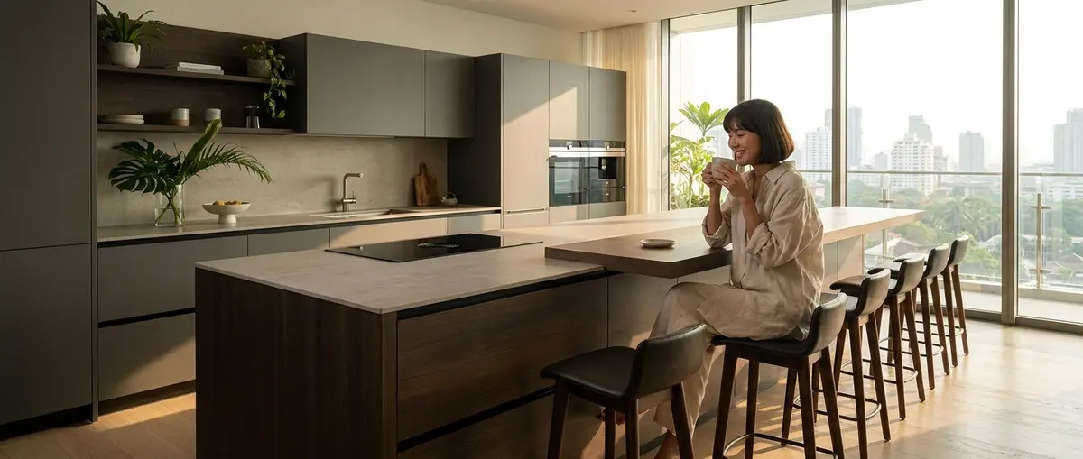 Premium 3D kitchen render, straight-on view showcasing an innovative layout with a multi-level central island. The island features softened, curved edges, with one lowered section for casual dining and a slightly raised zone for food preparation. High-end, aspirational interior design, finished in matte luxury materials. Bright Showroom Lighting. Focus: A wide-angle, hyper-realistic photograph capturing a high-end German kitchen, strictly adhering to nobilia's signature photography aesthetic. Ratio: wide angle. Lighting: Diffuse natural daylight, soft, even, bright. Camera: Wide-angle lens (16-24mm), full-frame DSLR, crisp focus. Composition: Rule of thirds, strong geometric lines, spacious. NO text, logos, or branding on any surfaces, appliances, or products. NO floating, exploded or disassembled elements. All kitchen components must be fully assembled and grounded.