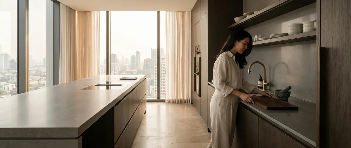 High-end editorial photography of a beautiful modern organic German-style kitchen in a luxury Bangkok penthouse. Warm daylight streaming through large windows. An elegant Thai homeowner gracefully arranges a solid hardwood cutting board and stone mortar on a seamless stone countertop, showcasing the blend of precise structural engineering and natural warmth. Focus: A wide-angle, hyper-realistic photograph capturing a high-end German kitchen, strictly adhering to nobilia's signature photography aesthetic. Ratio: wide angle. Lighting: Diffuse natural daylight, soft, even, bright. Camera: Wide-angle lens (16-24mm), full-frame DSLR, crisp focus. Composition: Rule of thirds, strong geometric lines, spacious. NO text, logos, or branding on any surfaces, appliances, or products. NO floating, exploded or disassembled elements. All kitchen components must be fully assembled and grounded.