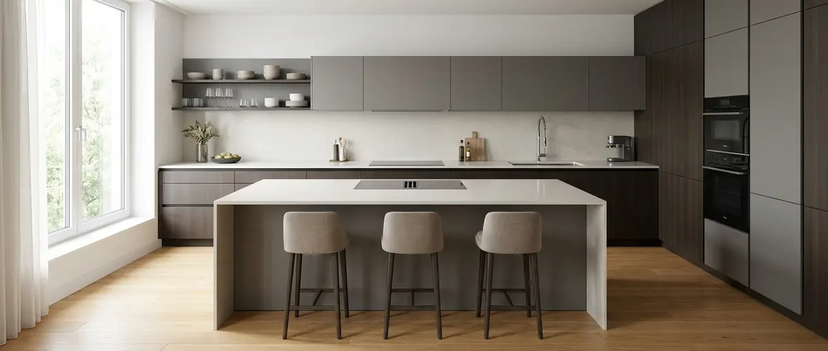 Premium 3D kitchen render, straight-on view of a highly organized, ergonomic luxury German kitchen layout. Beautifully aligned workstations, seamlessly integrated appliances, and sleek continuous countertops showcasing intelligent spatial planning in a modern home. High-end, aspirational, premium feel. Focus: A wide-angle, hyper-realistic photograph capturing a high-end German kitchen, strictly adhering to nobilia's signature photography aesthetic. Ratio: wide angle. Lighting: Diffuse natural daylight, soft, even, bright. Camera: Wide-angle lens (16-24mm), full-frame DSLR, crisp focus. Composition: Rule of thirds, strong geometric lines, spacious. NO text, logos, or branding on any surfaces, appliances, or products. NO floating, exploded or disassembled elements. All kitchen components must be fully assembled and grounded.