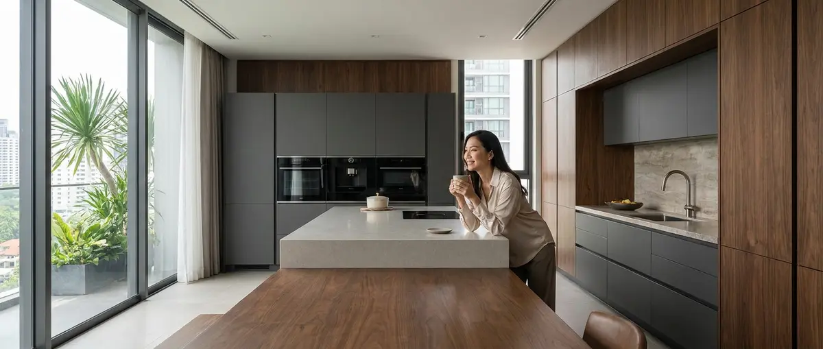High-end editorial photography. A beautifully finished modern German kitchen in a luxury Bangkok residence. An elegant Asian homeowner is happily and comfortably standing at a sleek, minimalist kitchen island, enjoying the pristine space. Warm Natural Light pouring in, highlighting premium matte cabinetry and solid wood finishes. Focus: A wide-angle, hyper-realistic photograph capturing a high-end German kitchen, strictly adhering to nobilia's signature photography aesthetic. Ratio: wide angle. Lighting: Diffuse natural daylight, soft, even, bright. Camera: Wide-angle lens (16-24mm), full-frame DSLR, crisp focus. Composition: Rule of thirds, strong geometric lines, spacious. NO text, logos, or branding on any surfaces, appliances, or products. NO floating, exploded or disassembled elements. All kitchen components must be fully assembled and grounded.