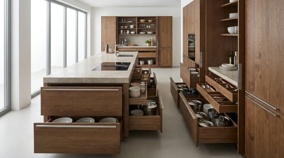 High-end editorial photography. A beautifully finished modern German kitchen in a luxury Bangkok residence. An elegant Asian homeowner is happily and comfortably standing at a sleek, minimalist kitchen island, enjoying the pristine space. Warm Natural Light pouring in, highlighting premium matte cabinetry and solid wood finishes. Focus: A wide-angle, hyper-realistic photograph capturing a high-end German kitchen, strictly adhering to nobilia's signature photography aesthetic. Ratio: wide angle. Lighting: Diffuse natural daylight, soft, even, bright. Camera: Wide-angle lens (16-24mm), full-frame DSLR, crisp focus. Composition: Rule of thirds, strong geometric lines, spacious. NO text, logos, or branding on any surfaces, appliances, or products. NO floating, exploded or disassembled elements. All kitchen components must be fully assembled and grounded.