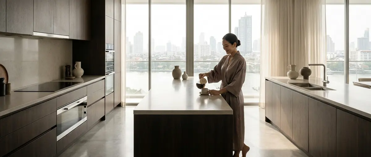 High-end editorial photography of a completed luxury German-style kitchen in a modern Bangkok penthouse. A sophisticated, relaxed Thai homeowner is elegantly pouring morning coffee, enjoying the restful and uncluttered atmosphere of the completed space. Warm natural daylight streams through large windows, highlighting smooth premium surfaces and clean architecture. Focus: A wide-angle, hyper-realistic photograph capturing a high-end German kitchen, strictly adhering to nobilia's signature photography aesthetic. Ratio: wide angle. Lighting: Diffuse natural daylight, soft, even, bright. Camera: Wide-angle lens (16-24mm), full-frame DSLR, crisp focus. Composition: Rule of thirds, strong geometric lines, spacious. NO text, logos, or branding on any surfaces, appliances, or products. NO floating, exploded or disassembled elements. All kitchen components must be fully assembled and grounded.