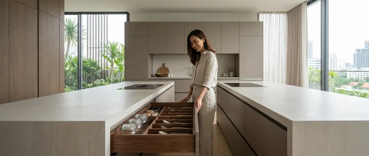 High-end editorial photography of a beautifully designed, handleless German kitchen in a luxury Bangkok residence. An elegant Thai homeowner softly closing a deep, perfectly organized drawer, smiling warmly. The kitchen features matte finish cabinets and completely clear countertops, exuding calm and modern aesthetic restraint. Warm natural daylight streams in from large windows. Focus: A wide-angle, hyper-realistic photograph capturing a high-end German kitchen, strictly adhering to nobilia's signature photography aesthetic. Ratio: wide angle. Lighting: Diffuse natural daylight, soft, even, bright. Camera: Wide-angle lens (16-24mm), full-frame DSLR, crisp focus. Composition: Rule of thirds, strong geometric lines, spacious. NO text, logos, or branding on any surfaces, appliances, or products. NO floating, exploded or disassembled elements. All kitchen components must be fully assembled and grounded.