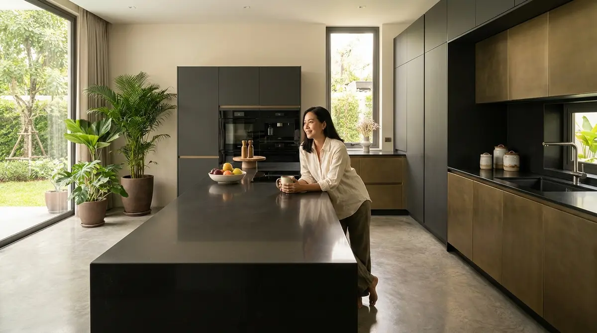 High-end editorial photography of a completed luxury German-style kitchen in a Bangkok home. A sophisticated Thai homeowner is standing by the pristine kitchen island enjoying a cup of coffee, looking relaxed and satisfied. Warm natural light fills the room, highlighting the premium aesthetic and elegant layout. Focus: A wide-angle, hyper-realistic photograph capturing a high-end German kitchen, strictly adhering to nobilia's signature photography aesthetic. Ratio: wide angle. Lighting: Diffuse natural daylight, soft, even, bright. Camera: Wide-angle lens (16-24mm), full-frame DSLR, crisp focus. Composition: Rule of thirds, strong geometric lines, spacious. NO text, logos, or branding on any surfaces, appliances, or products. NO floating, exploded or disassembled elements. All kitchen components must be fully assembled and grounded.